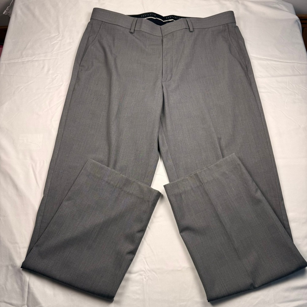 Perry Ellis Portfolio Mens 36x32 Gray Glen Plaid Dress Pants Flat Front Trousers